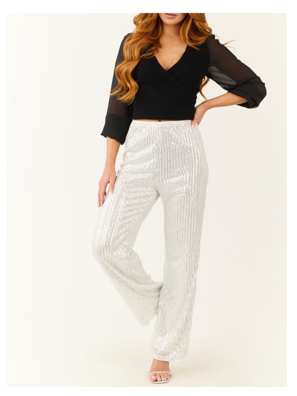 NWT Sequin High Waist Wide-Leg Pull-On Stretchy Pants in White/Silver
